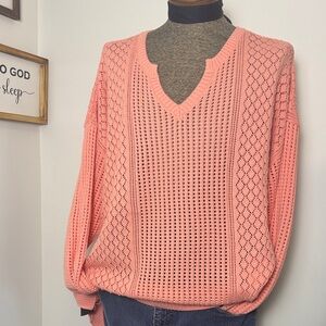 Canyon Retreat Coral Split V-Neck Open Knit Sweater Size 3X